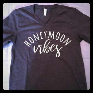 Honeymoon Vibes charcoal grey v-neck shirt, Small